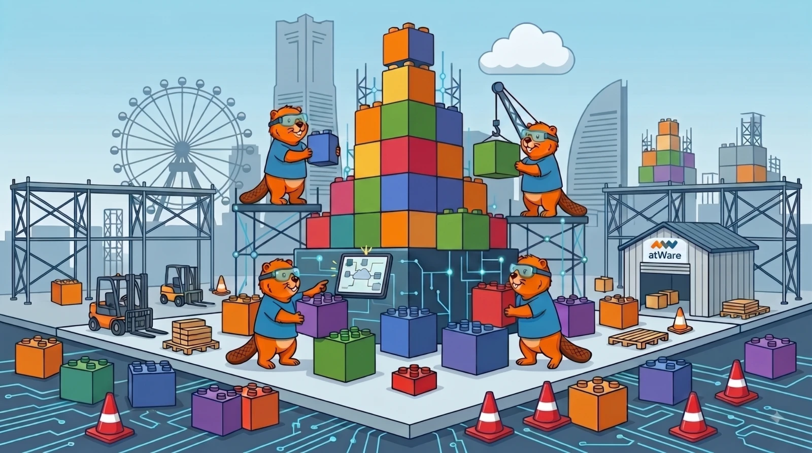 みなとみらいを背景に、カラフルなブロックを積み上げるキャラクターたちのイラスト